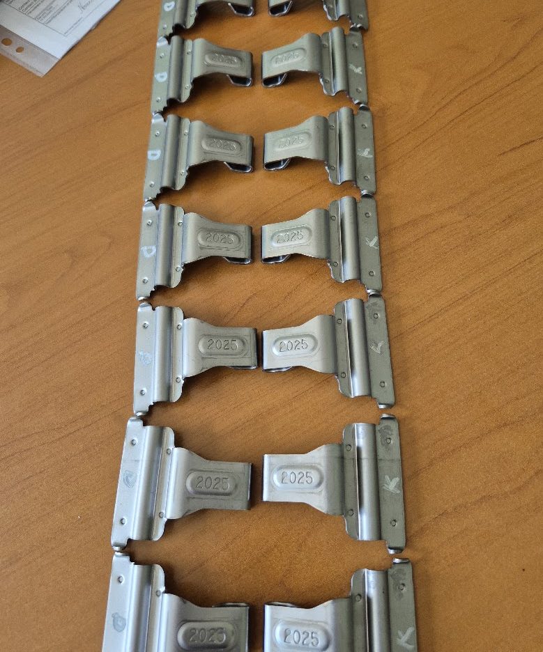 Stamped stainless clips in a progressive strip